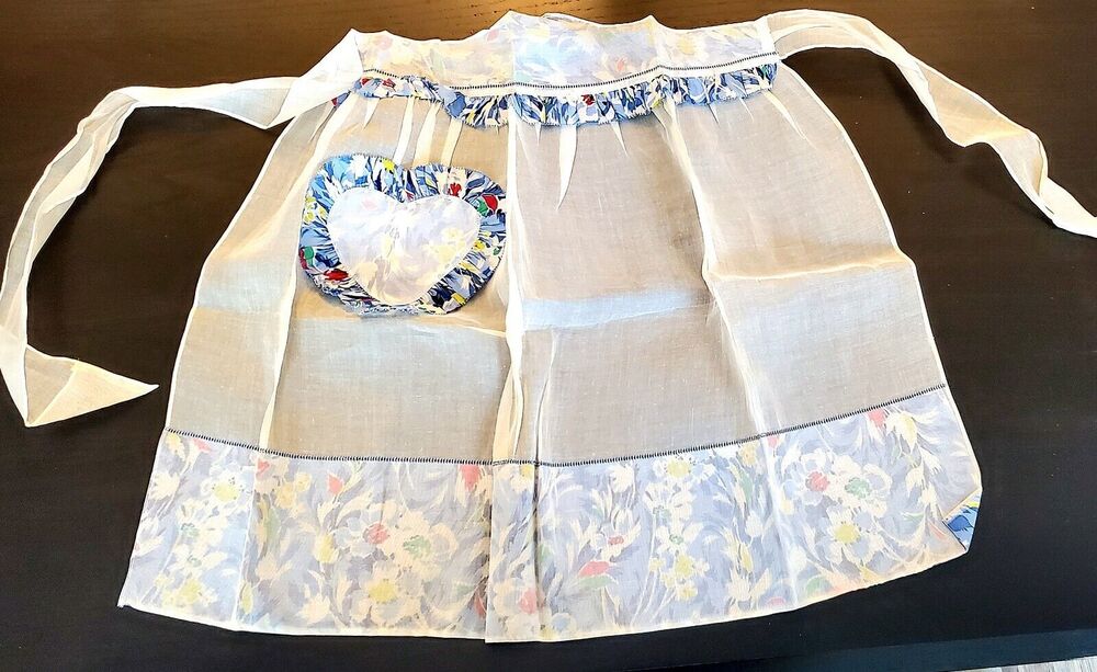Vintage Handmade Delicate Half Apron Sheer White w/heart shaped floral pocket